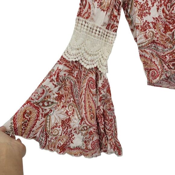 Kendall‎ + Kylie Boho Cropped Paisley Print Top Bell Sleeves Lace Trim Sz XS Red - Picture 8 of 13